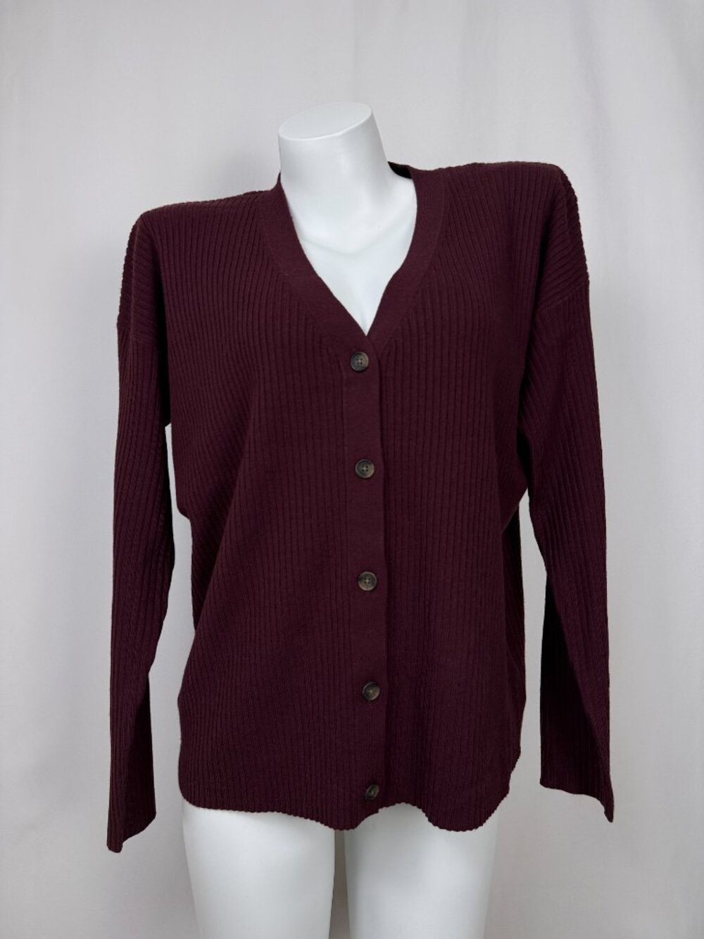 George Women Burgundy Ribbed Knit Cardigan Sweater V-Neck Button Front